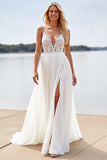 A Line Chiffon Deep V-Neck White Boho Sweep Train Wedding Dress with Lace