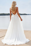 A Line Chiffon Deep V-Neck White Boho Sweep Train Wedding Dress with Lace