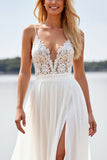 A Line Chiffon Deep V-Neck White Boho Sweep Train Wedding Dress with Lace