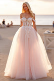 Tulle Off the Shoulder Ball Gown Blush Wedding Dress with Appliques