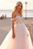 Tulle Off the Shoulder Ball Gown Blush Wedding Dress with Appliques