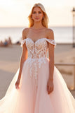 Tulle Off the Shoulder Ball Gown Blush Wedding Dress with Appliques