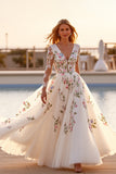 Tulle White Long Sleeves Floral Ball Gown Wedding Dress