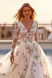 Tulle White Long Sleeves Floral Ball Gown Wedding Dress