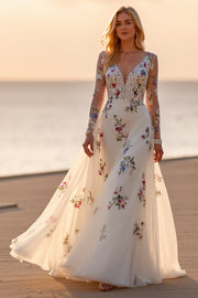Floral White Long Sleeves Deep V-Neck Wedding Dress
