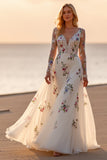 Floral White Long Sleeves Deep V-Neck Wedding Dress