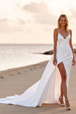 Sheath White Boho Sweep Train Wedding Dress with Slit