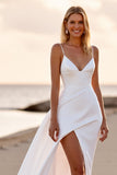 Sheath White Boho Sweep Train Wedding Dress with Slit