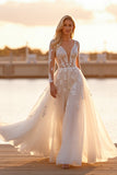 Tulle White Deep V-Neck Long Sleeves Wedding Dress with Appliques
