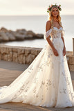 Off the Shoulder Tulle White Sweep Train Wedding Dress with Appliques
