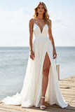 White Deep V-Neck Sweep Train Boho Wedding Dress with Slit