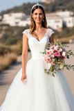 White V-Neck Ball Gown Sweep Train Wedding Dress with Lace