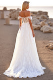 Lace A Line Off the Shoulder White Boho Sweep Train Wedding Dress