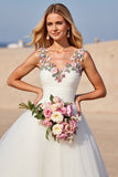 V-Neck White Floral Ball Gown Sweep Train Wedding Dress