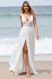 Chiffon White Sweep Train Boho Wedding Dress with Slit