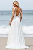 Chiffon White Sweep Train Boho Wedding Dress with Slit