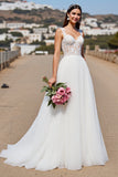 Illusion Back White Boho Sweep Train Wedding Dress with Lace