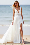 Deep V-Neck White Chiffon Boho Sweep Train Wedding Dress with Slit