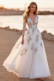 Floral Long Sleeves White Floor Length Wedding Dress with Lace