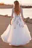 Floral Long Sleeves White Floor Length Wedding Dress with Lace