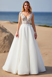 V-Neck White Floral Ball Gown Sweep Train Wedding Dress