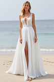 Chiffon White A Line Sweep Train Wedding Dress with Slit