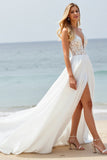 Chiffon White A Line Sweep Train Wedding Dress with Slit