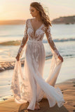 White Long Sleeves Sweep Train Boho Wedding Dress with Lace