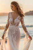 White Long Sleeves Sweep Train Boho Wedding Dress with Lace