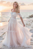 White Boho A Line Sweep Train Wedding Dress with Lace