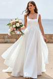 Satin White Square Neck Sweep Train Wedding Dress
