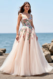 Tulle Floral Blush Ball Gown Floor Length Wedding Dress