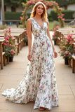 V-Neck Floral White Satin Sweep Train Wedding Dress