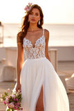 Boho White Chiffon Sweep Train Wedding Dress with Lace