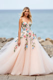 Blush Floral Tulle Ball Gown Sweep Train Wedding Dress