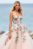 Blush Floral Tulle Ball Gown Sweep Train Wedding Dress