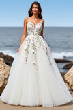 Tulle Floral White Ball Gown Sweep Train Wedding Dress