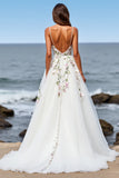 Tulle Floral White Ball Gown Sweep Train Wedding Dress