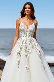Tulle Floral White Ball Gown Sweep Train Wedding Dress