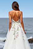 Tulle Floral White Ball Gown Sweep Train Wedding Dress