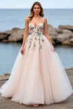 Tulle Blush Floral Ball Gown Sweep Train Wedding Dress