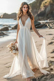 White Chiffon Boho Sweep Train Wedding Dress with Sash