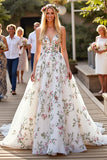 White Floral Organza Ball Gown Sweep Train Wedding Dress