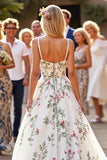 White Floral Organza Ball Gown Sweep Train Wedding Dress