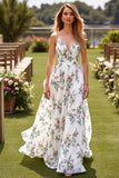 Floral White A Line Satin Wedding Dress