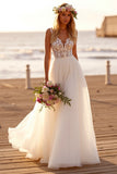 Chiffon White V-Neck Boho Sweep Train Wedding Dress with Lace