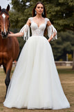 Tulle Ball Gown White Sweep Train Wedding Dress with Fringes