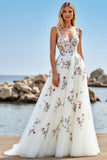 Floral White Tulle Sweep Train Wedding Dress with Lace