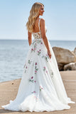 Floral White Tulle Sweep Train Wedding Dress with Lace