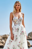 Floral White Tulle Sweep Train Wedding Dress with Lace